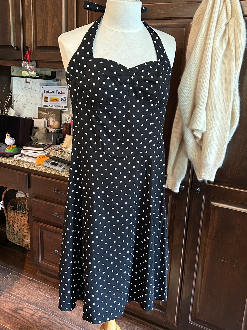 1990’s Dori Sz XL Black & White Polka Dot Tie Neck Halter Rockabilly Swing Dress